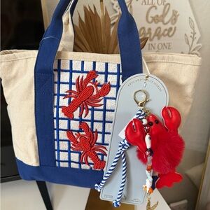 America & Beyond Canvas Tote with Blue Trim & Red Lobster Beaded Embroidery